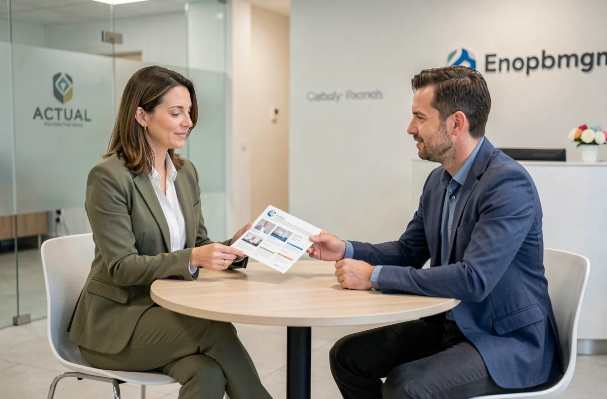 Consultante Actual présentant des offres d'emploi à un candidat dans une agence moderne et épurée
