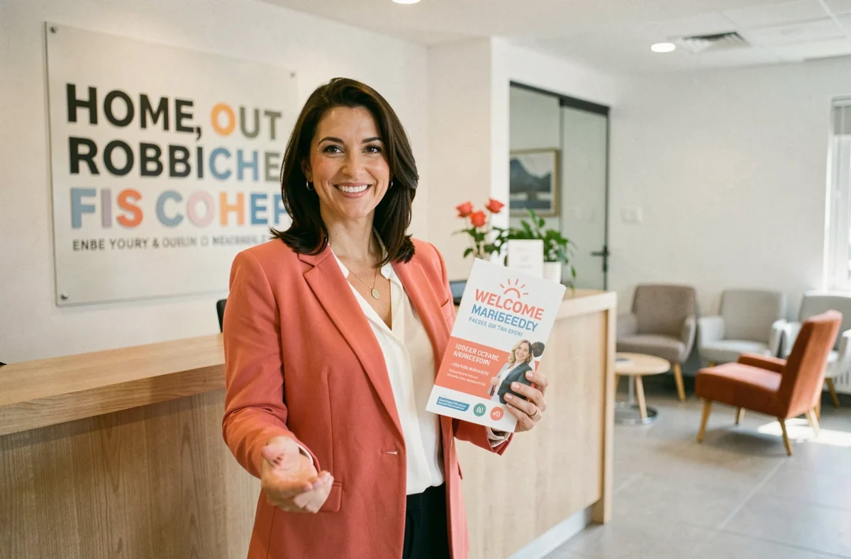 Conseillère de l'agence Actual à Marseille accueillant un candidat avec un sourire et une brochure d'information