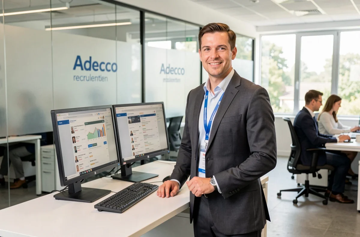 Conseiller Adecco debout à son bureau dans une agence d'emploi moderne et ouverte