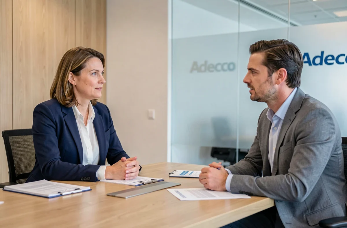 Entretien professionnel dans les bureaux de l'agence Adecco à Marseille avec une recruteuse et un candidat
