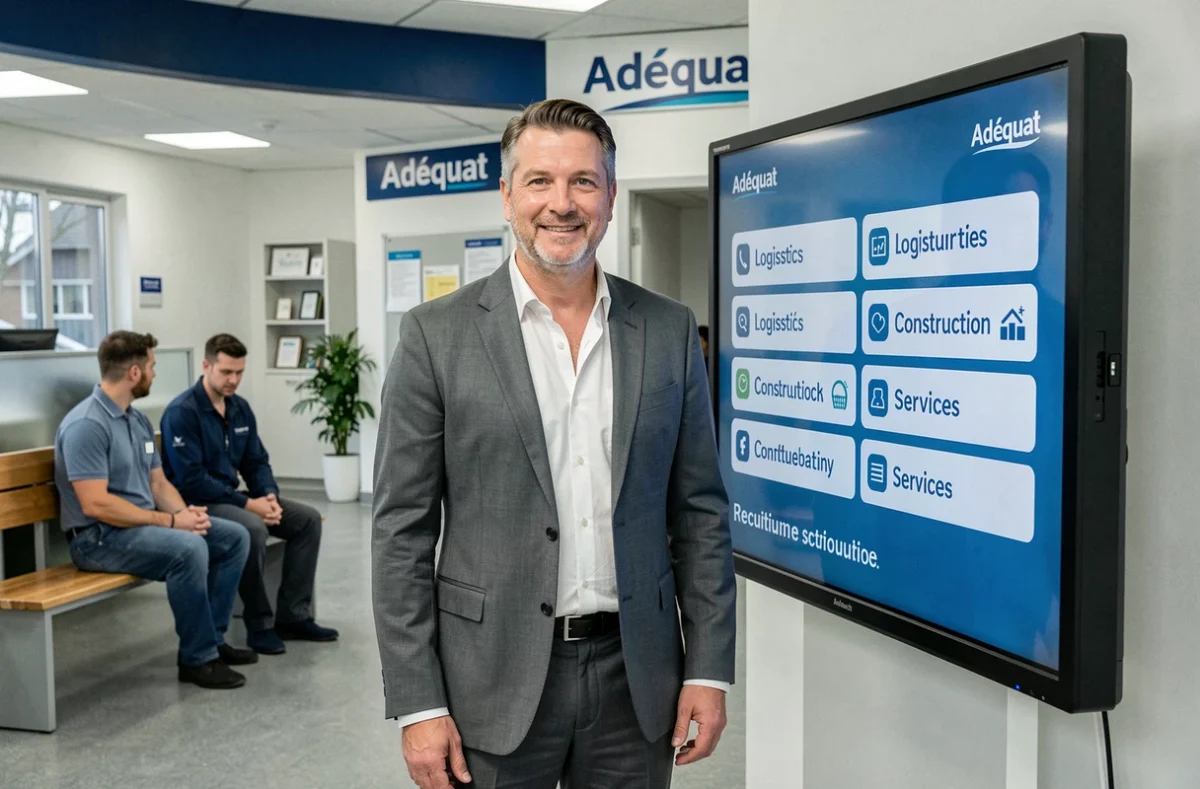 Conseiller Adéquat présentant des secteurs d'emploi sur un tableau numérique en agence d'intérim