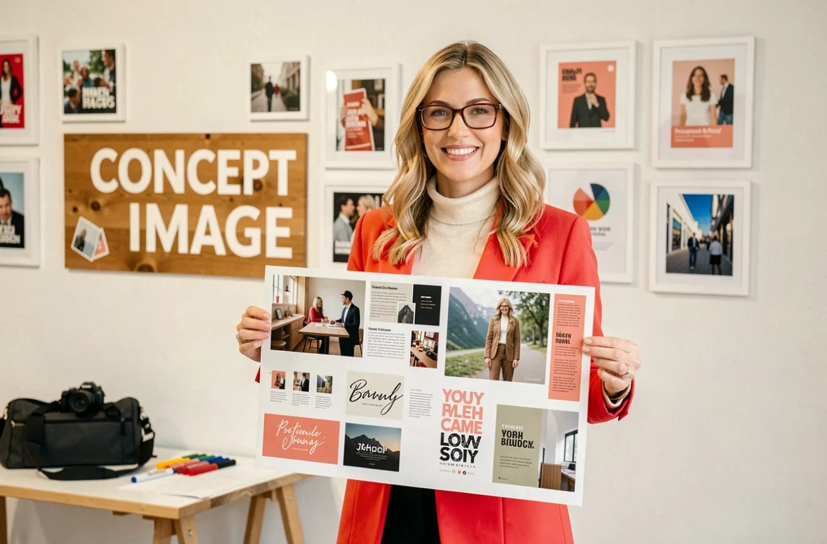 Directrice artistique de l'agence CONCEPT IMAGE présentant un tableau de concepts visuels dans un studio créatif