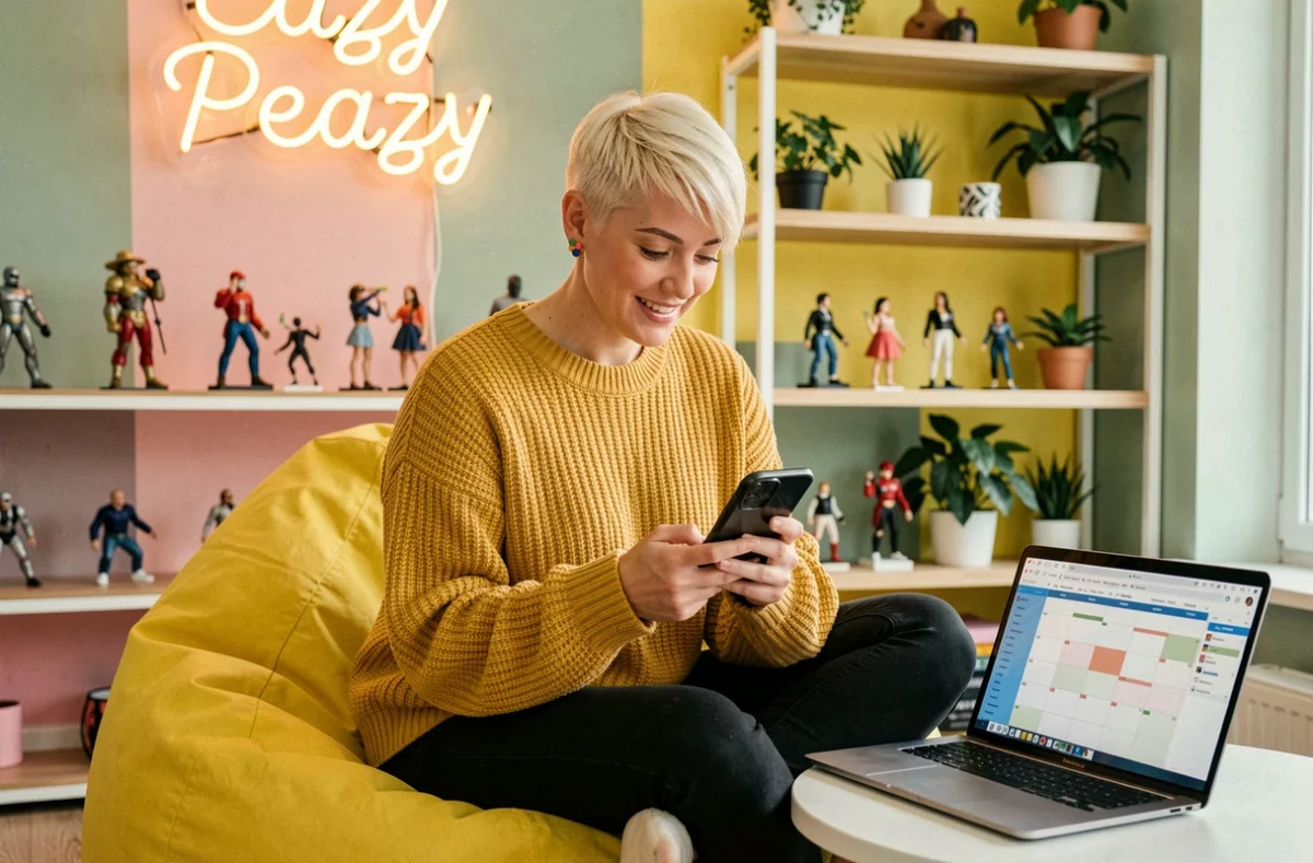 Responsable réseaux sociaux de l'agence Eazy Peazy gérant un calendrier de contenu dans un espace de travail coloré et créatif