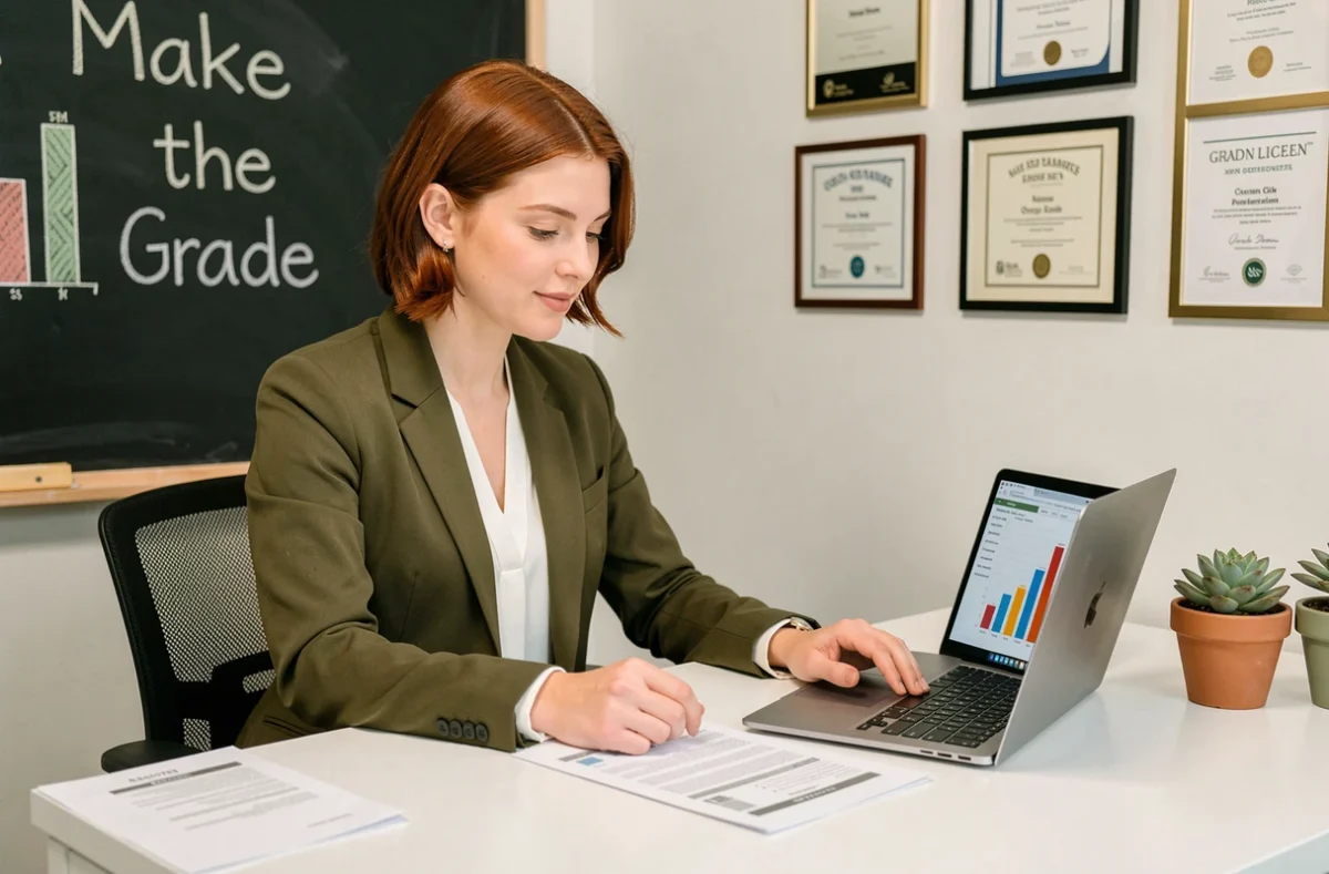 Professionnelle de l'agence Make the Grade analysant des rapports de performance marketing dans un studio boutique moderne