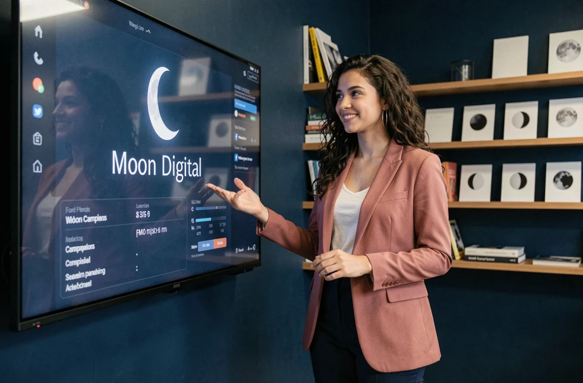 Chargée de projet de l'agence Moon Digital présentant des résultats de campagne sur réseaux sociaux dans un bureau contemporain
