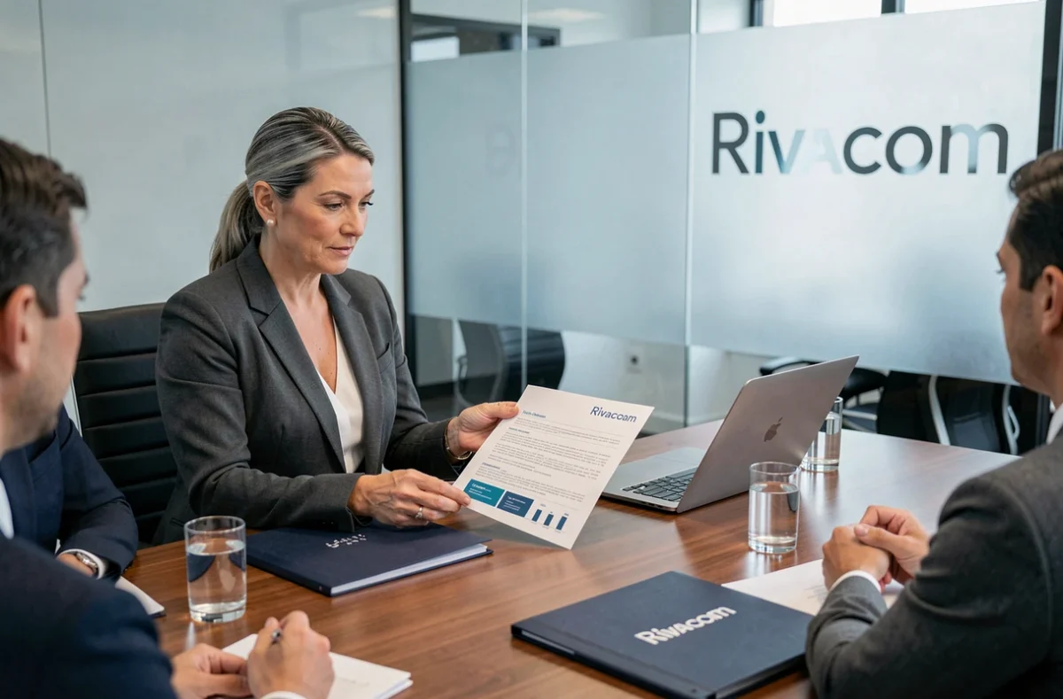 Directrice de l'agence Rivacom présentant une stratégie de communication digitale dans une salle de réunion moderne
