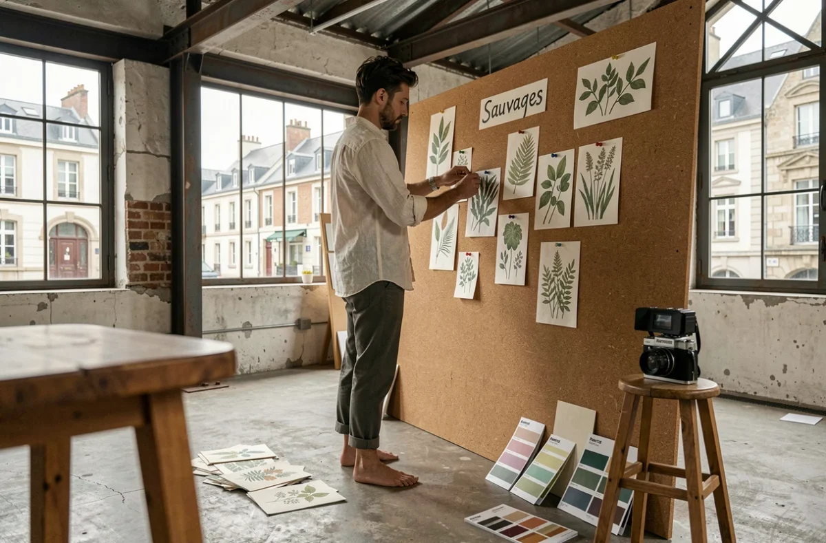 Designer créatif de l'agence Sauvages travaillant sur un tableau d'inspiration nature dans un studio industriel à Rennes