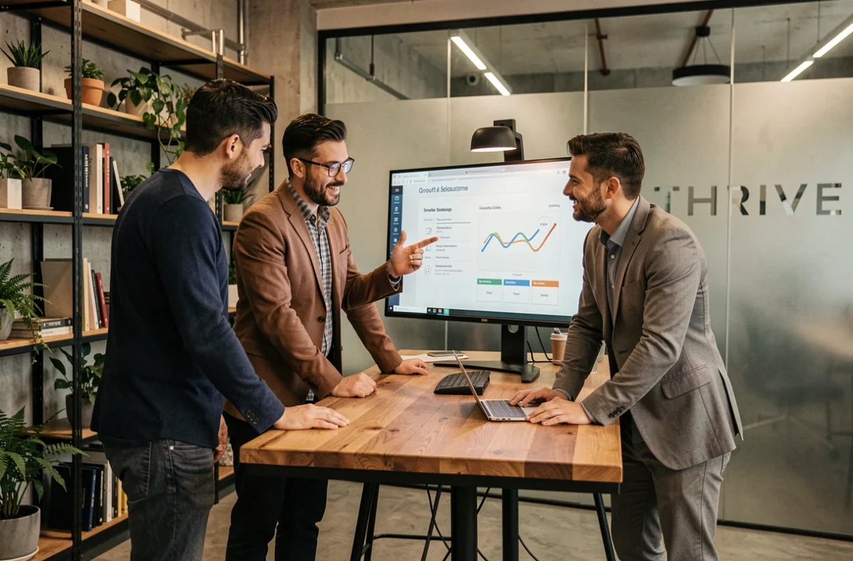 Équipe de l'agence THRIVE réunie autour d'un bureau debout pour analyser une stratégie de croissance digitale