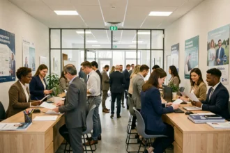 Agence d'intérim en Nouvelle-Aquitaine avec des candidats et conseillers en emploi dans un espace de travail moderne