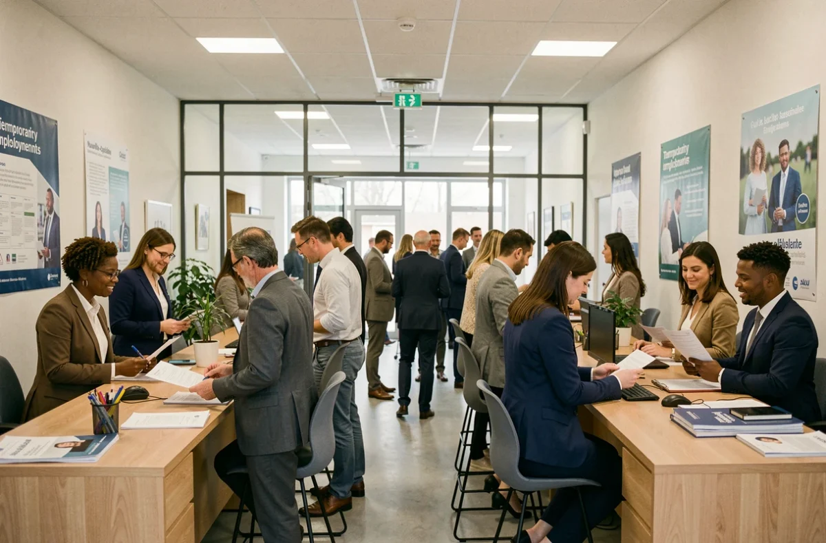 Agence d'intérim en Nouvelle-Aquitaine avec des candidats et conseillers en emploi dans un espace de travail moderne