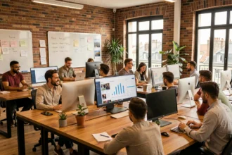 Équipe d'une agence de marketing digital en Gironde travaillant dans un open-space moderne avec des écrans d'analytics