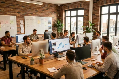Équipe d'une agence de marketing digital en Gironde travaillant dans un open-space moderne avec des écrans d'analytics