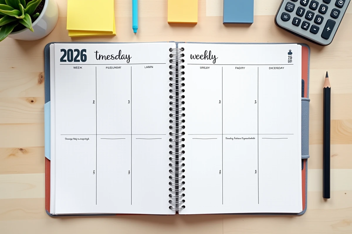 Vue de dessus d'un agenda 2026 annoté avec les semaines de travail et jours ouvrables calculés