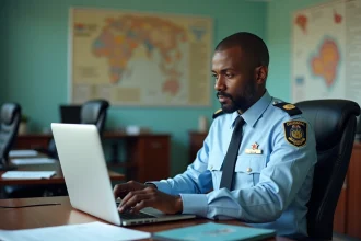 Agent de douane en uniforme regardant un ordinateur avec Zimlogin