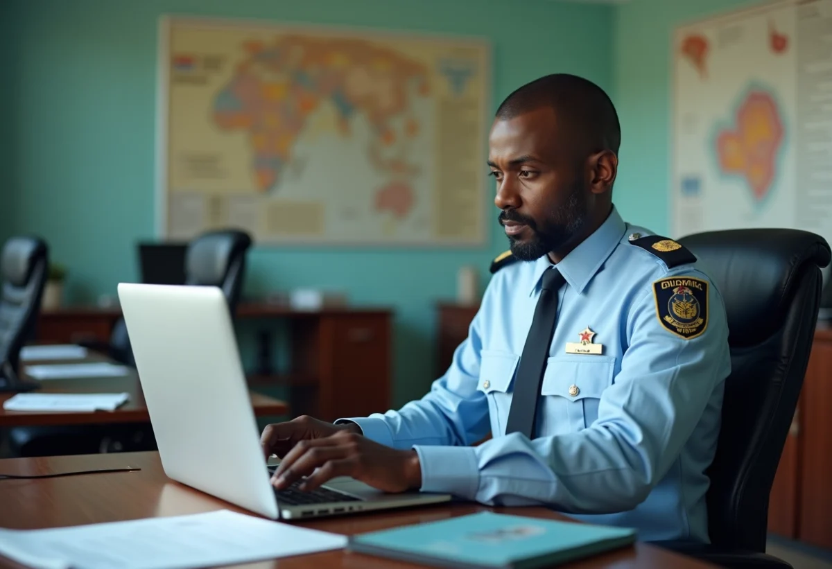 Agent de douane en uniforme regardant un ordinateur avec Zimlogin