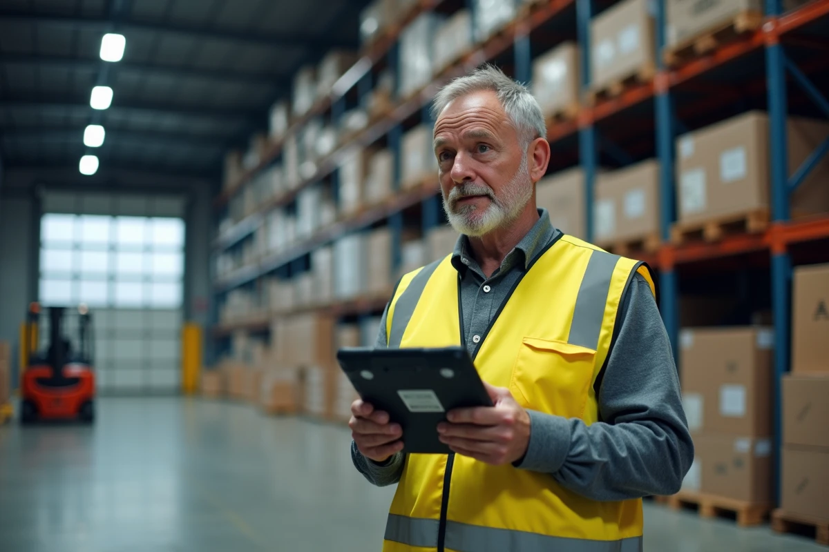 Agent logistique en entrepôt consultant une interface douanière numérique sur tablette dans un contexte de dédouanement professionnel