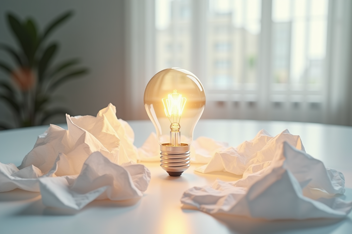 Ampoule éclairée entourée de papiers froissés sur un bureau blanc