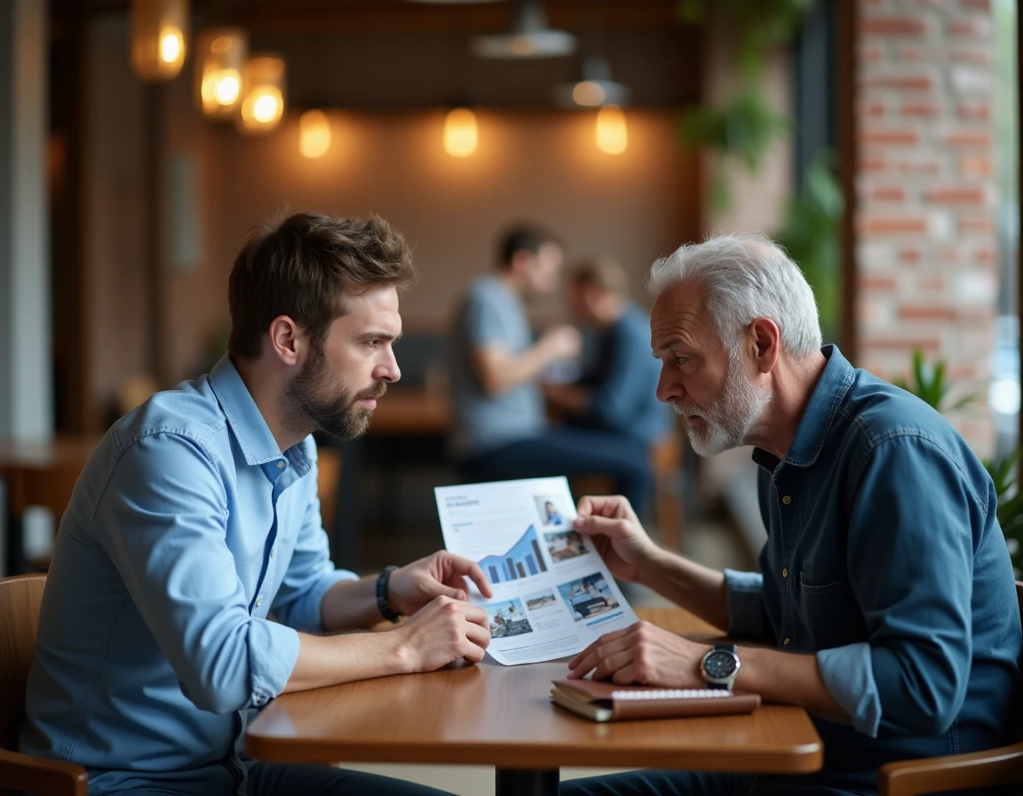 Deux professionnels B2B analysant une brochure marketing défaillante dans un espace de coworking, mettant en lumière les erreurs fréquentes d'image de marque