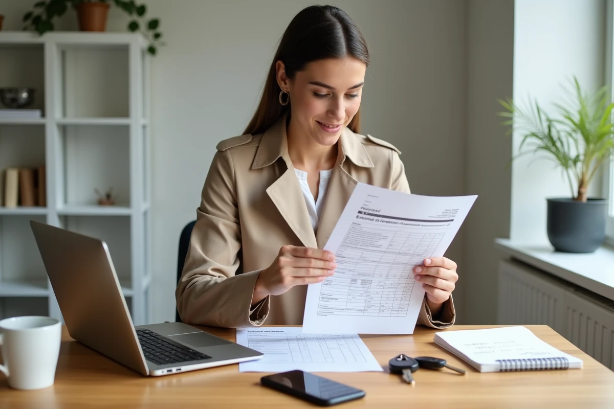 Professionnelle analysant son contrat d'embauche avec avantage en nature véhicule et calculateur fiscal à domicile