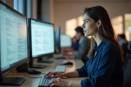 Analyste web &eacute;tudiant les r&eacute;sultats de recherche sur un &eacute;cran d'ordinateur dans un bureau moderne