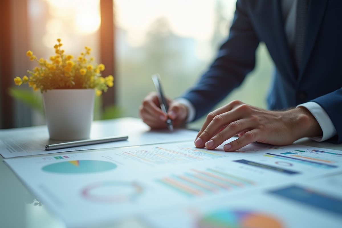 Un professionnel analyse des graphiques colorés sur un bureau moderne