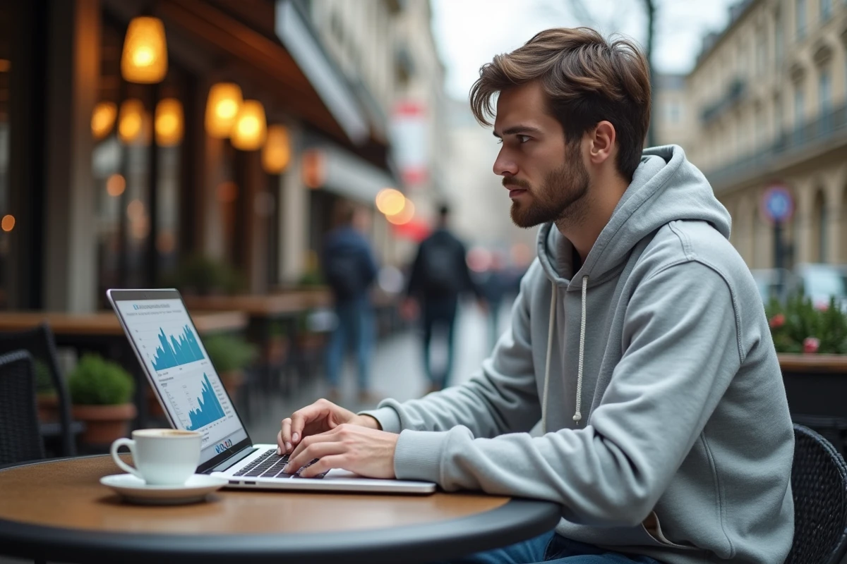 Analyste de donn&eacute;es consultant un tableau de bord de recherche en ligne sur une terrasse de caf&eacute; urbain