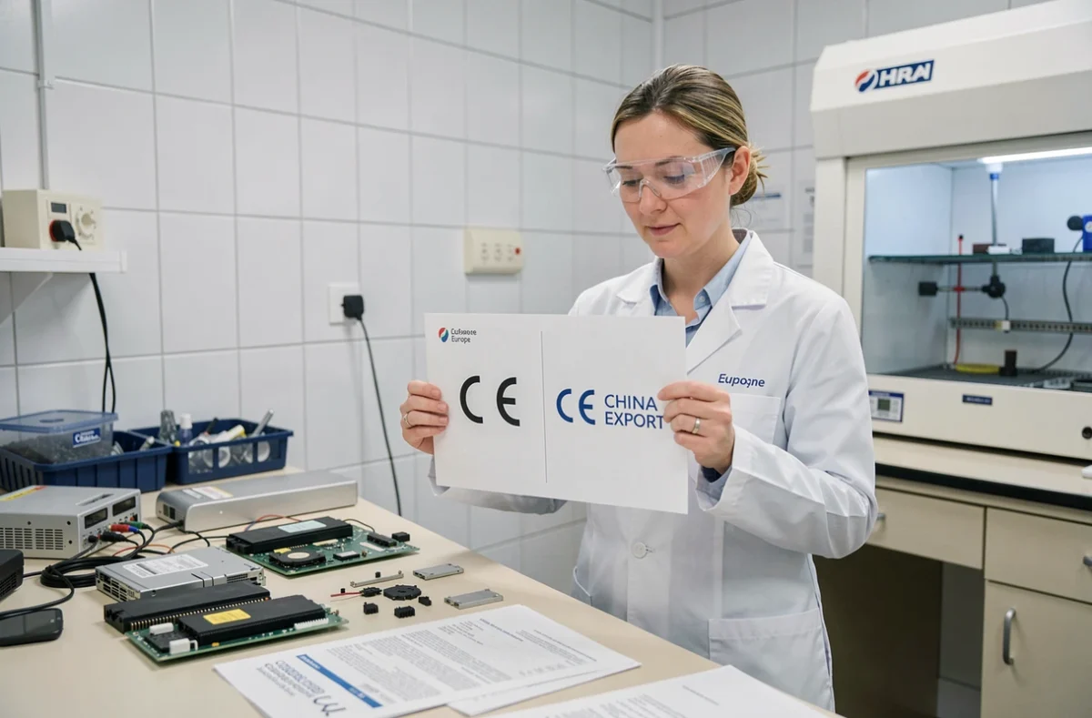 Analyste en sécurité des produits comparant les logos CE européen et CE China Export en laboratoire