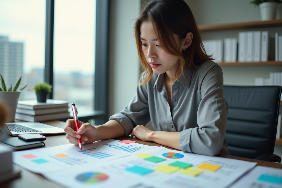 Jeune femme analysant des documents marketing au bureau