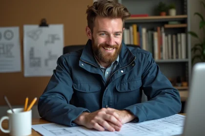Artisan homme souriant travaillant sur son ordinateur dans un bureau organisé