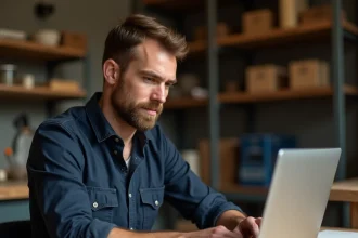Artisan masculin configurant son profil professionnel sur un espace pro en ligne depuis son atelier