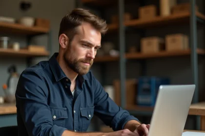 Artisan masculin configurant son profil professionnel sur un espace pro en ligne depuis son atelier