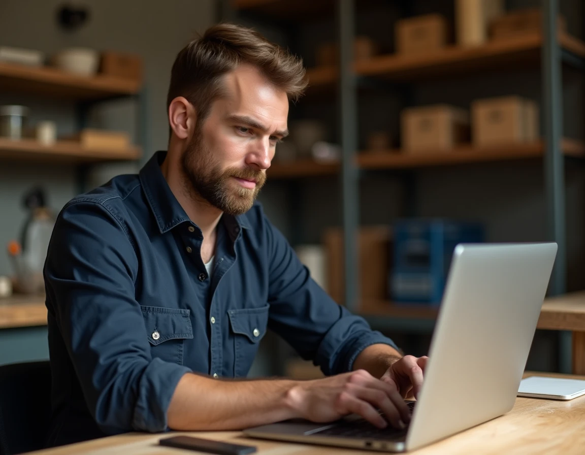 Artisan masculin configurant son profil professionnel sur un espace pro en ligne depuis son atelier