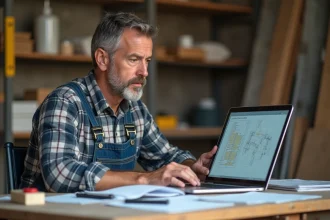 Artisan homme en atelier regardant son ordinateur portable