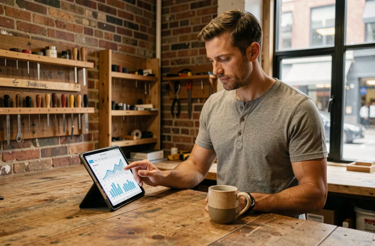 Artisan TPE consultant un tableau de bord analytique sur tablette pour comprendre sa présence digitale avant toute campagne publicitaire
