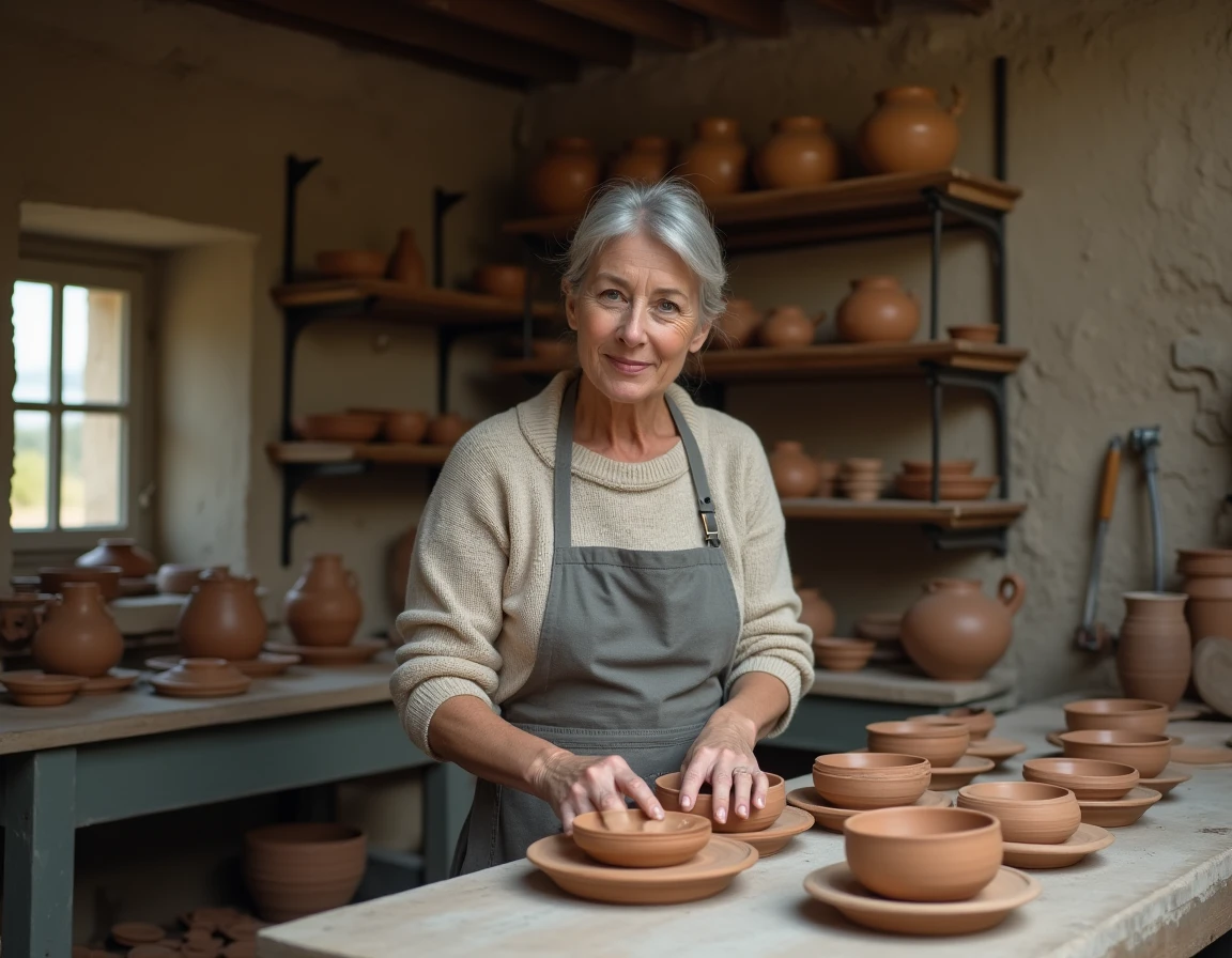 Artisane normande arrangeant des céramiques artisanales dans un atelier de poterie à Terrerie