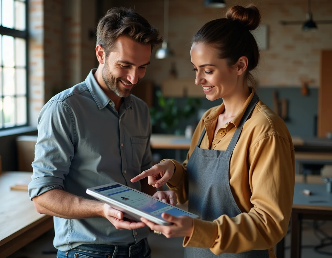 Deux artisans collaborant sur le paramétrage d'un profil espace pro sur tablette dans un espace de coworking