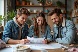 Groupe de jeunes créateurs dans un atelier artistique