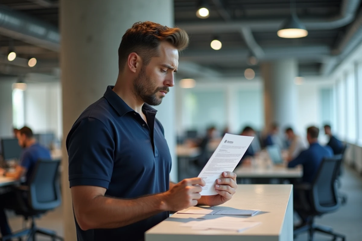 Auto-entrepreneur en espace de co-working comparant des documents administratifs pour éviter les erreurs de déclaration TNS
