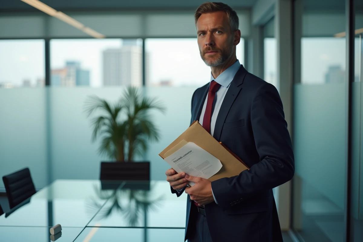 Avocat en costume tenant un dossier administratif dans une salle de réunion moderne avec vue urbaine