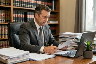Avocat en droit du travail analysant des documents juridiques liés à une liquidation judiciaire d'entreprise