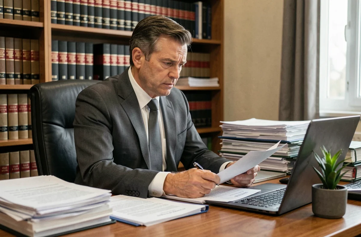 Avocat en droit du travail analysant des documents juridiques liés à une liquidation judiciaire d'entreprise