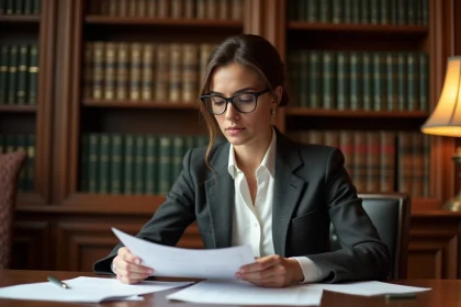 Avocate dans son cabinet consultant des documents juridiques liés au code NAF 6910Z