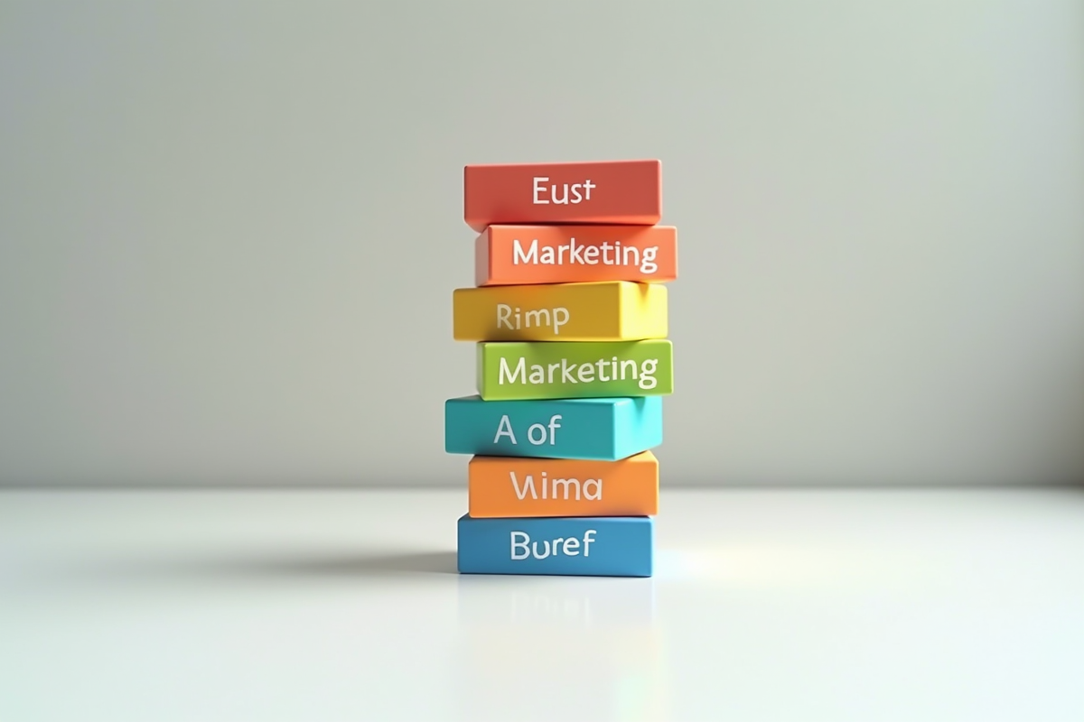 Blocs colorés avec concepts marketing sur un bureau blanc