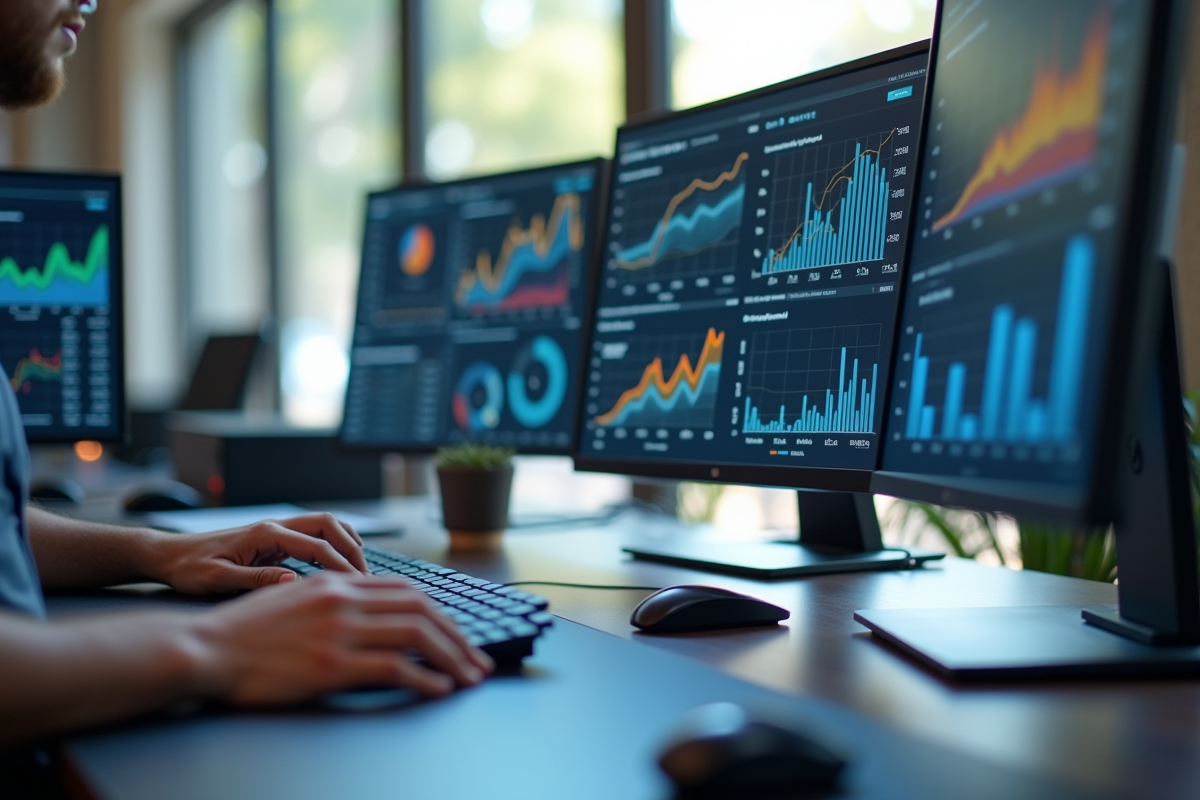 Espace de travail moderne avec écrans affichant des analyses marketing