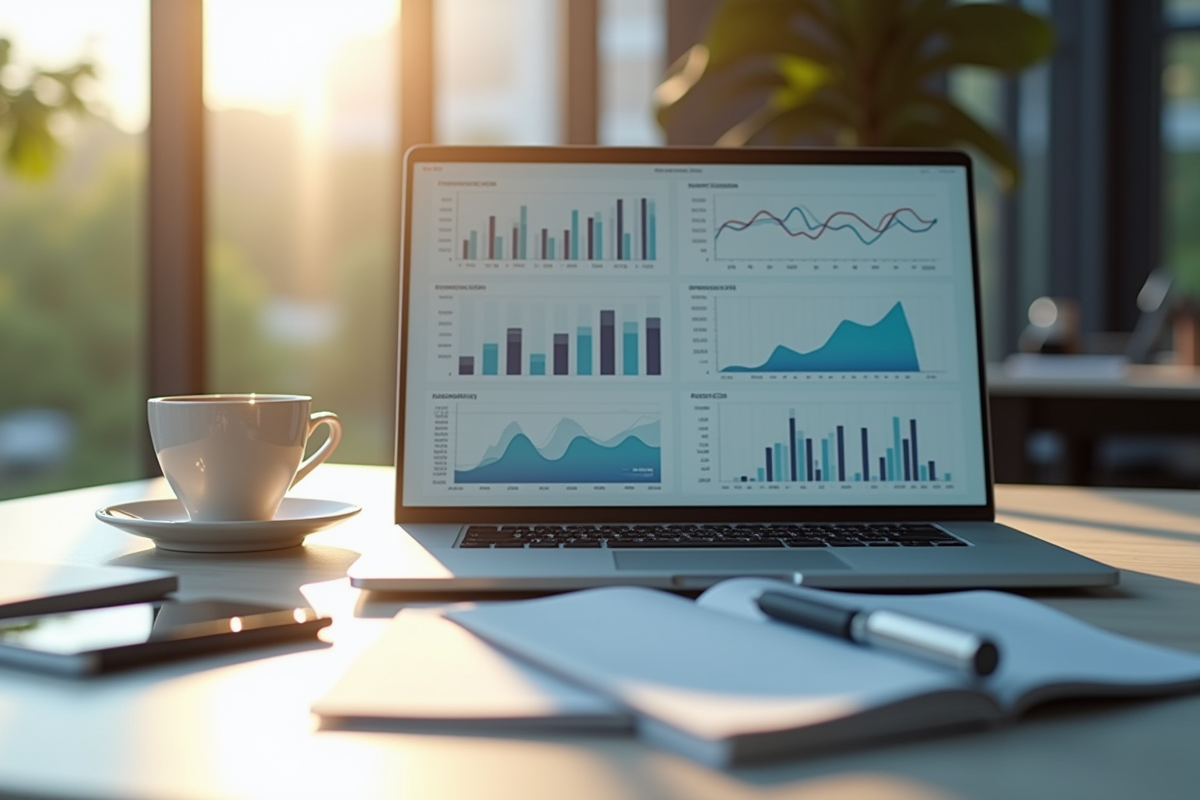 Bureau moderne avec ordinateur affichant des analyses d'affaires