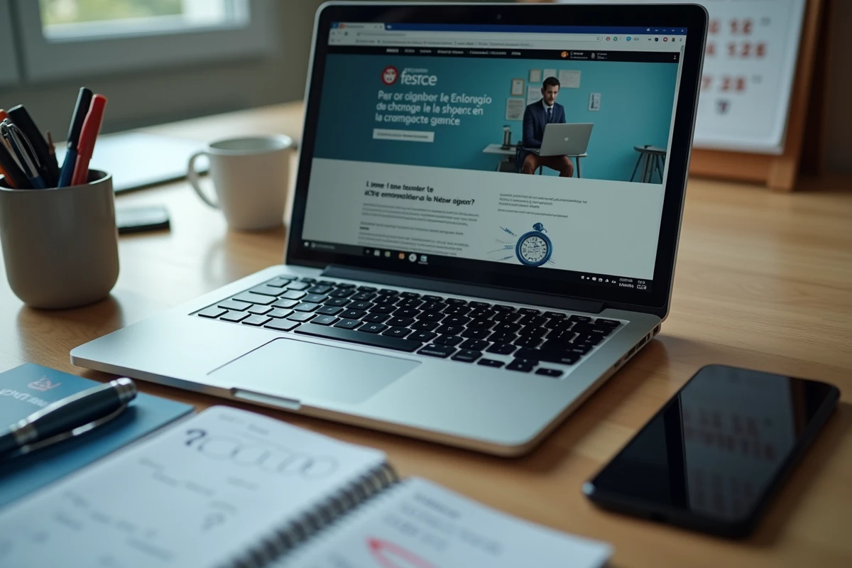 Bureau à domicile avec ordinateur portable affichant une fausse offre d'emploi et documents Pôle emploi suspects