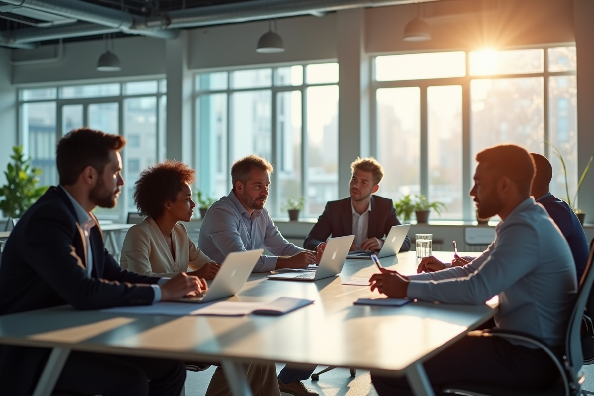 Espace de bureau moderne avec équipe diverse en réunion