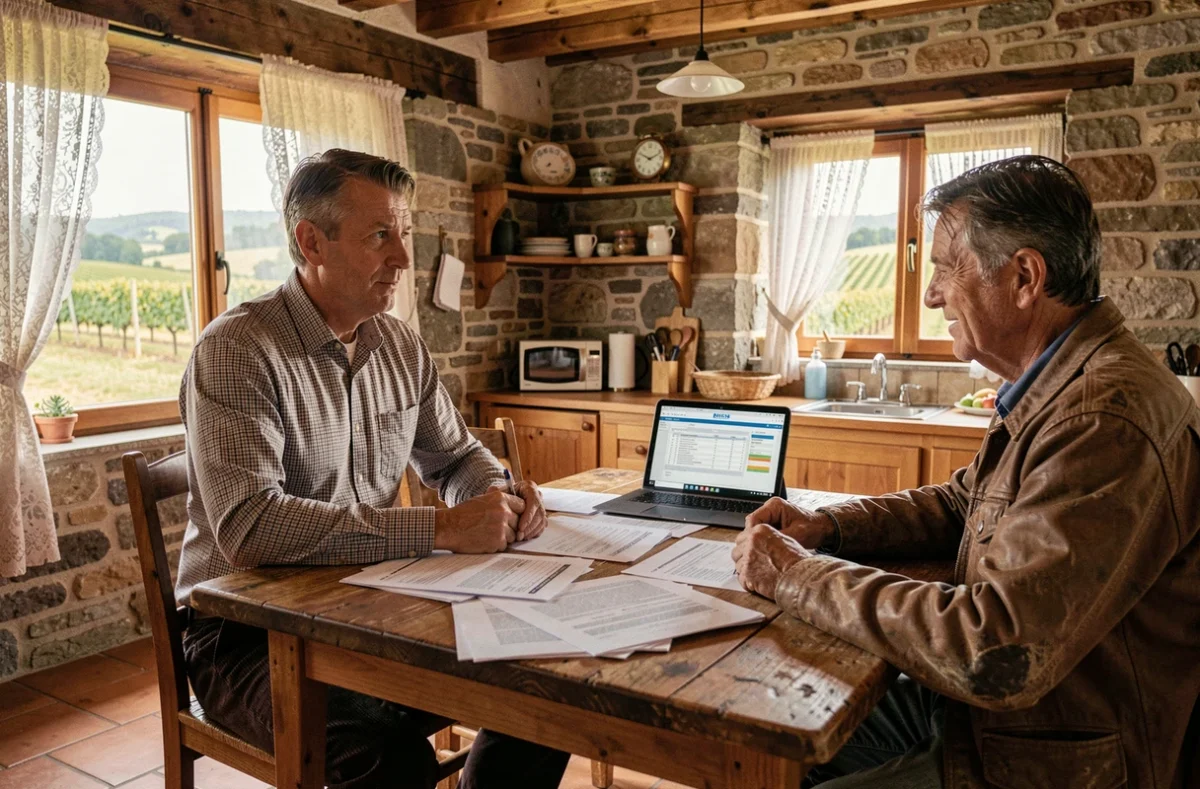 Conseiller de Cerfrance BFC en consultation avec un agriculteur autour de documents comptables dans une ferme de Bourgogne
