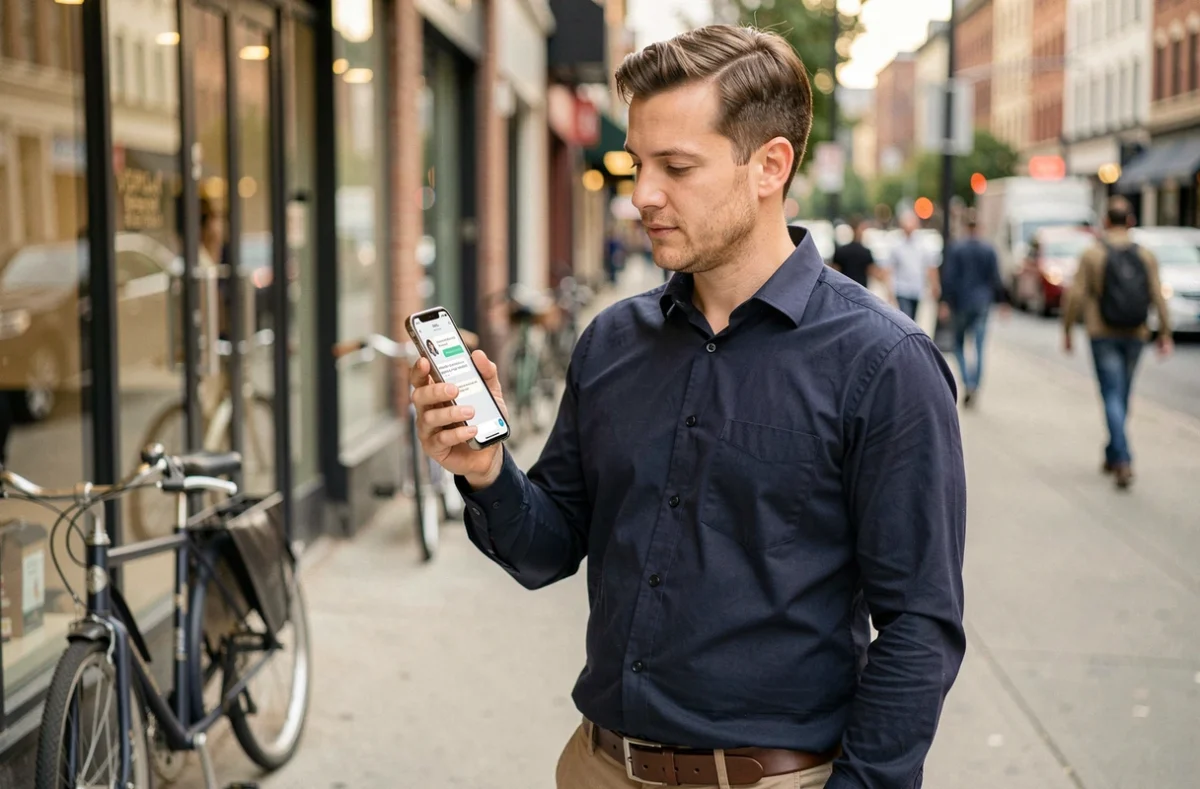 Homme consultant le chat en direct sur mobile dans une rue commerçante