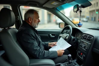 Chauffeur de taxi examinant des documents officiels liés au prix de sa licence taxi à l'intérieur de son véhicule